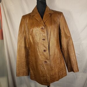 Anne Klein Croc-Embossed 100% Leather Jacket in Rich Brown - S